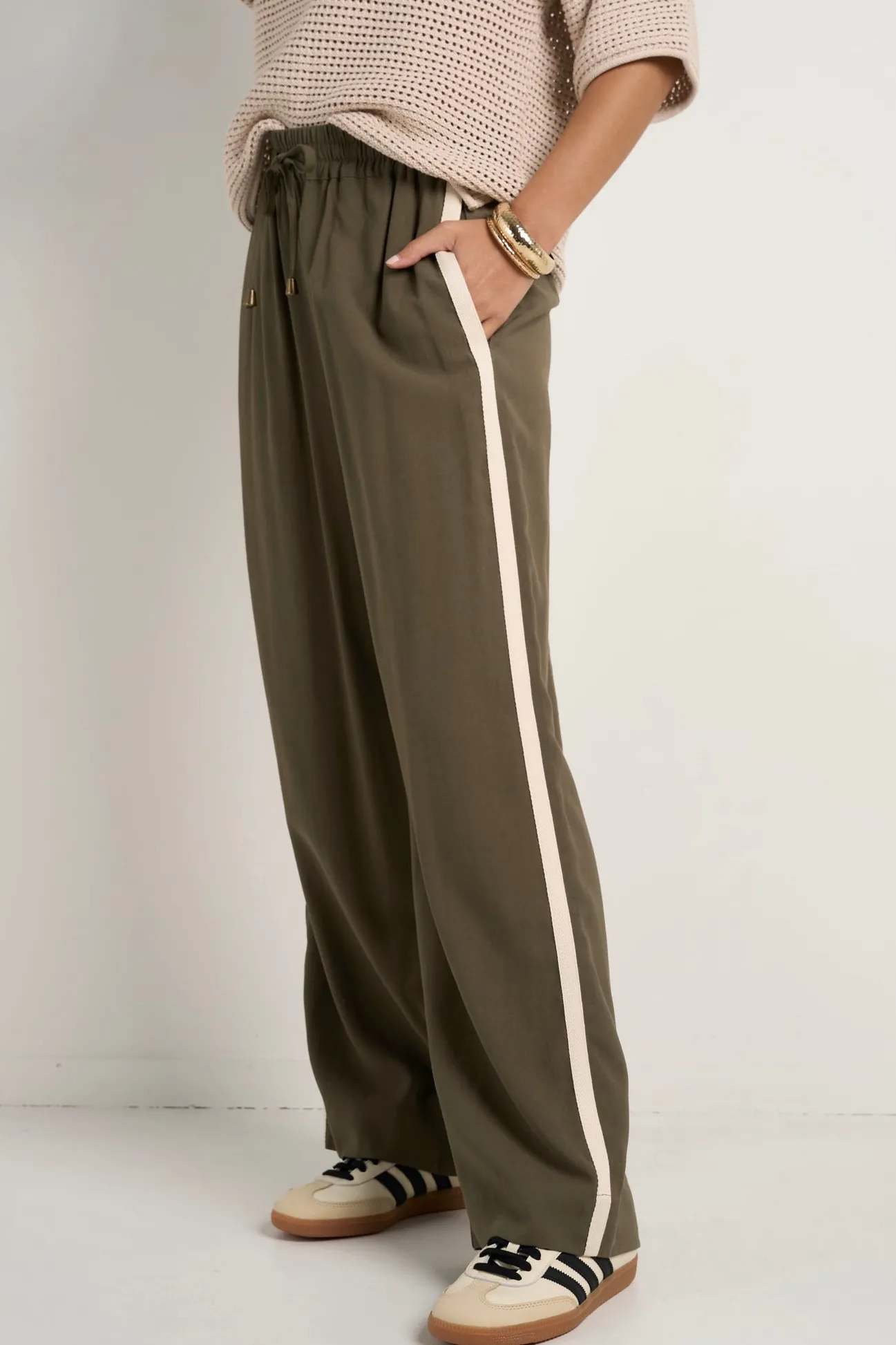 Stories be Told Townie Olive Stripe Side Tape Wide Leg Pants