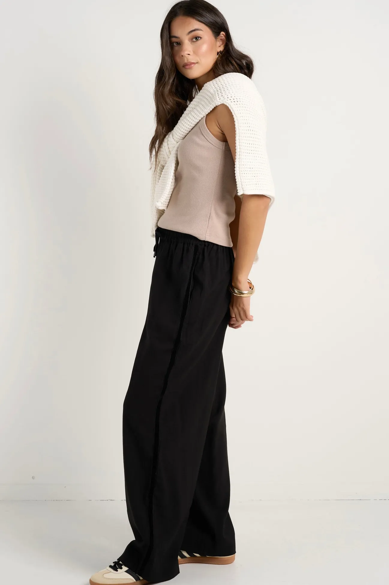 Stories be Told Townie Onyx Velvet Stripe Side Wide Leg Pants