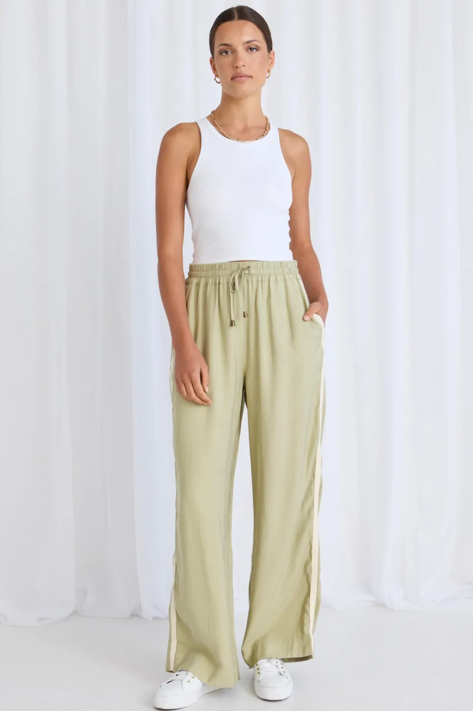 Stories be Told Townie Sage Stripe Side Tape Wide Leg Pants