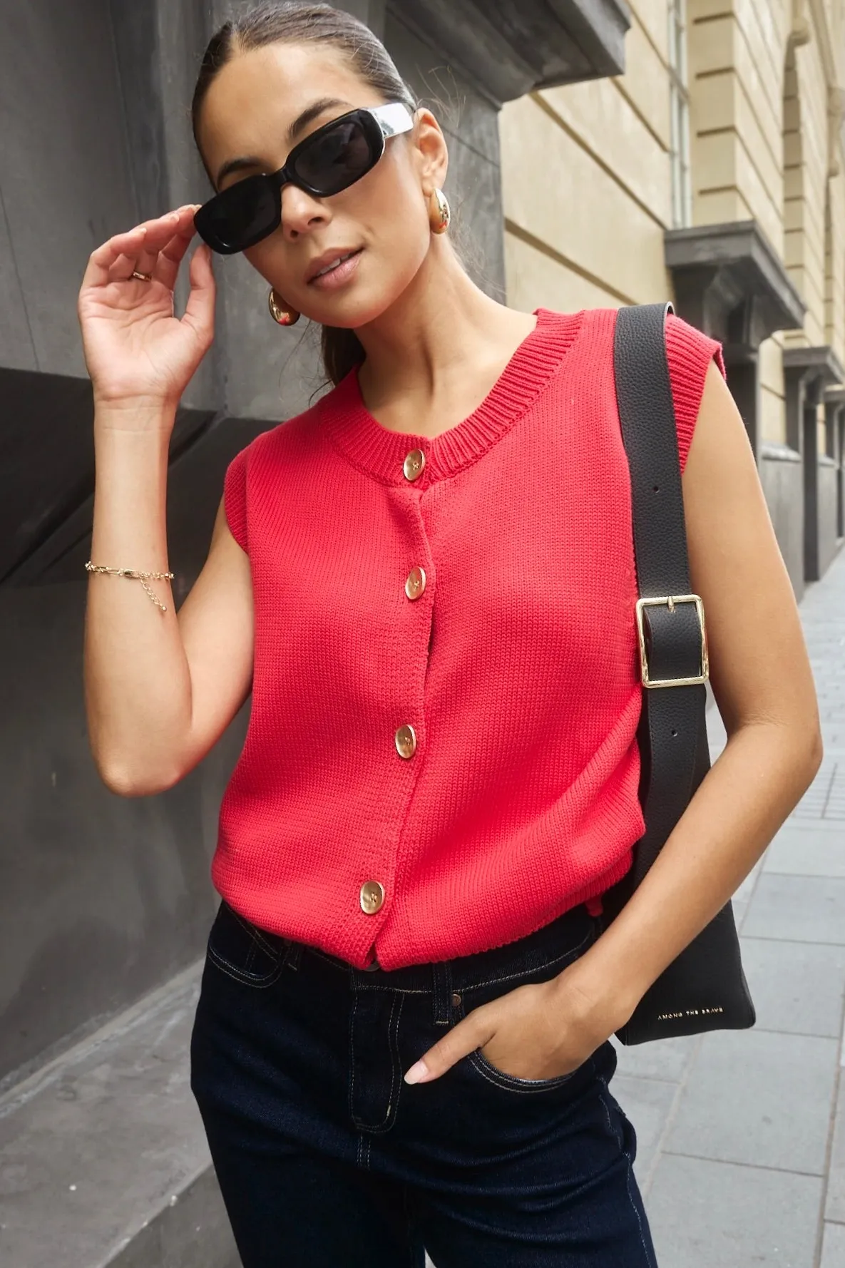 Stories be Told Trait Cherry Crewneck Knitted Vest Top