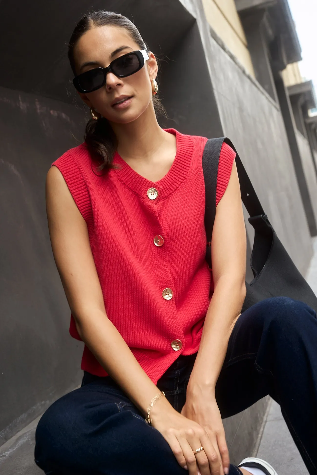 Stories be Told Trait Cherry Crewneck Knitted Vest Top