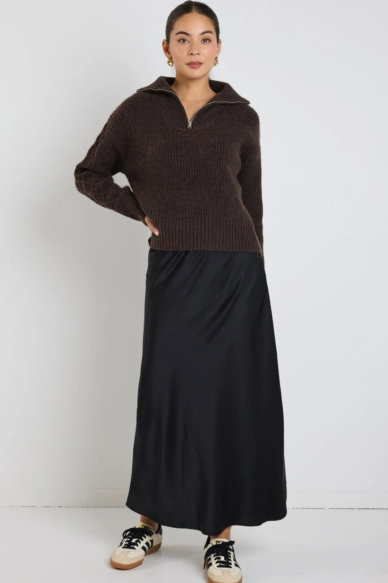 Stories be Told Trinket Chocolate Quater Zip Cable Jumper