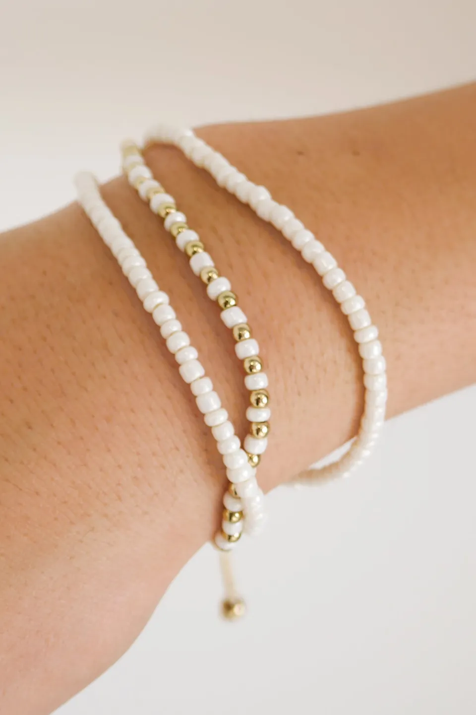 Humble + Heart Triple Bead White Gold White Bracelet