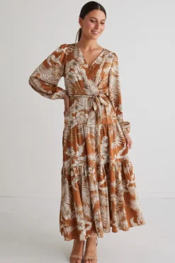 Among the Brave Twilight Rust Floral LS Tiered Maxi Dress