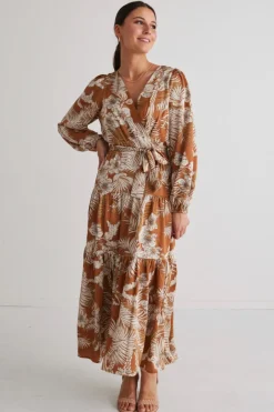 Among the Brave Twilight Rust Floral LS Tiered Maxi Dress