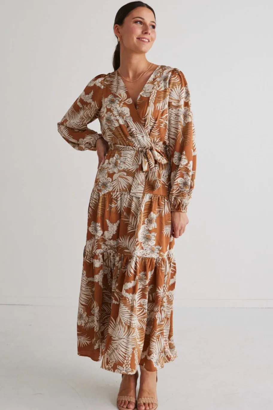 Among the Brave Twilight Rust Floral LS Tiered Maxi Dress