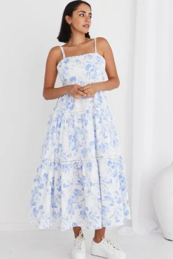 Ivy + Jack Universe Blue Floral Tie Back Tiered Strappy Maxi Dress