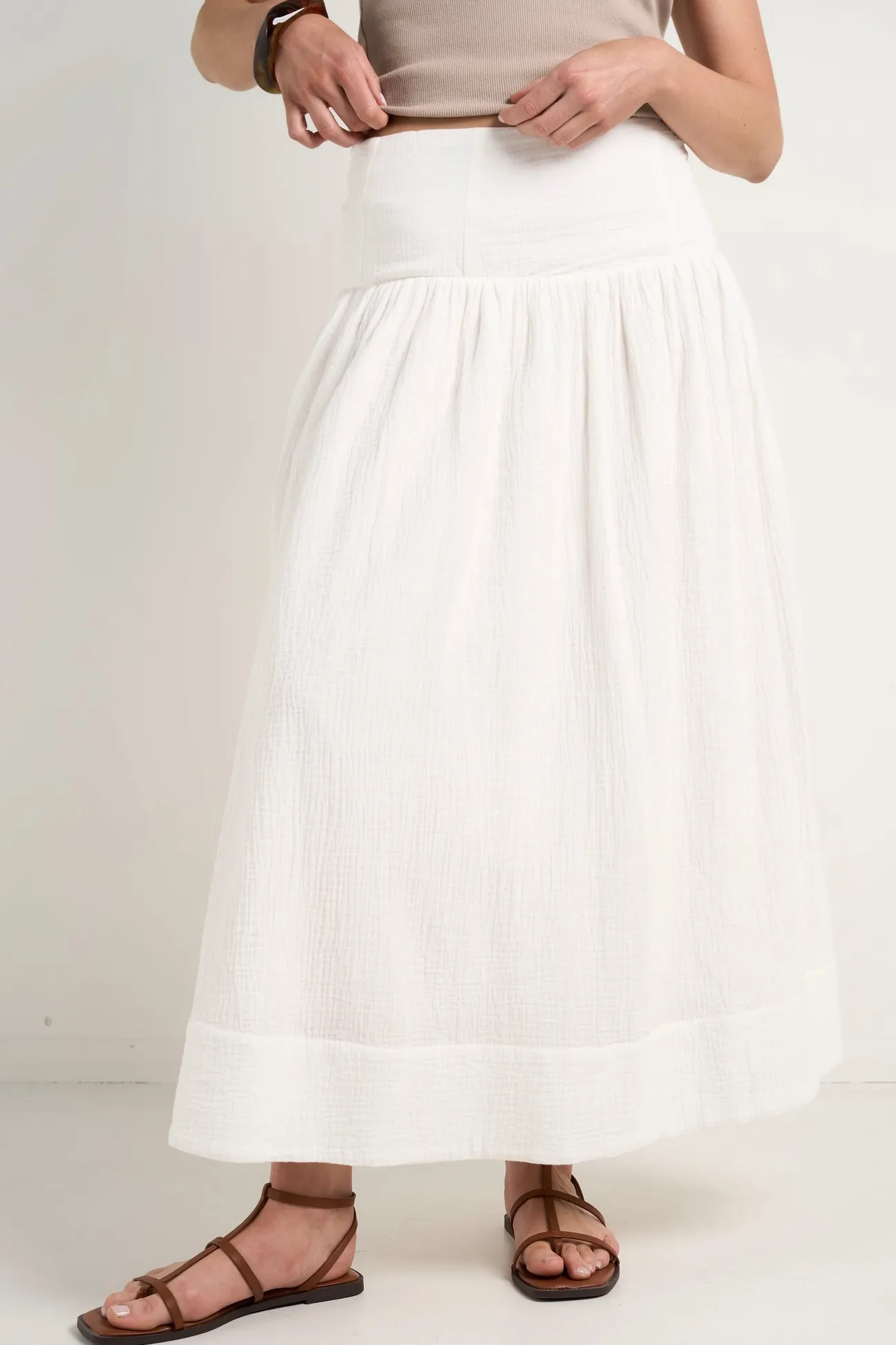 Among the Brave Unwind Ivory Shirred Back Tiered Maxi Skirt