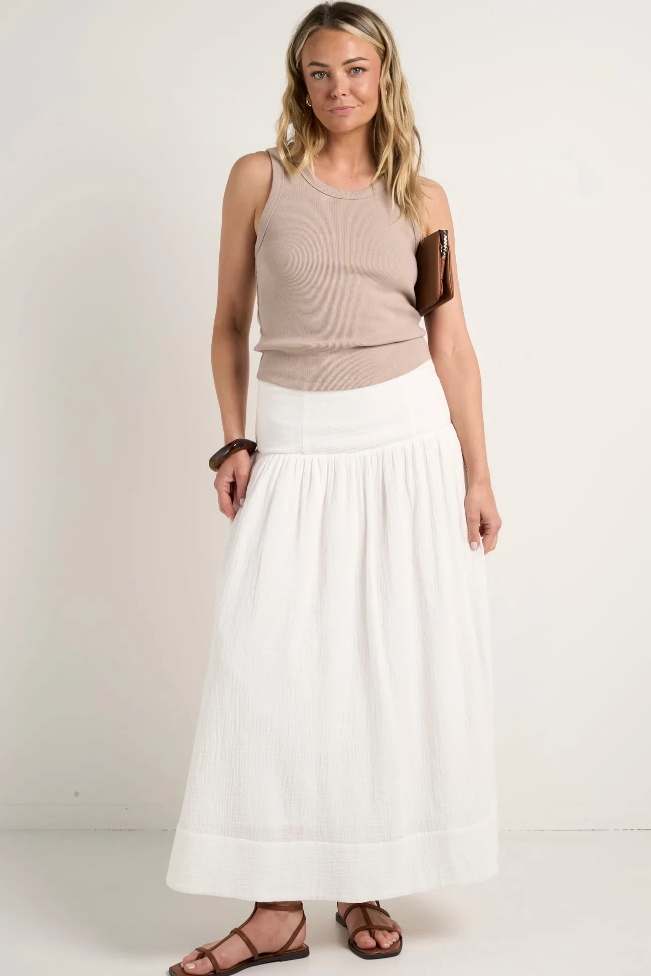 Among the Brave Unwind Ivory Shirred Back Tiered Maxi Skirt