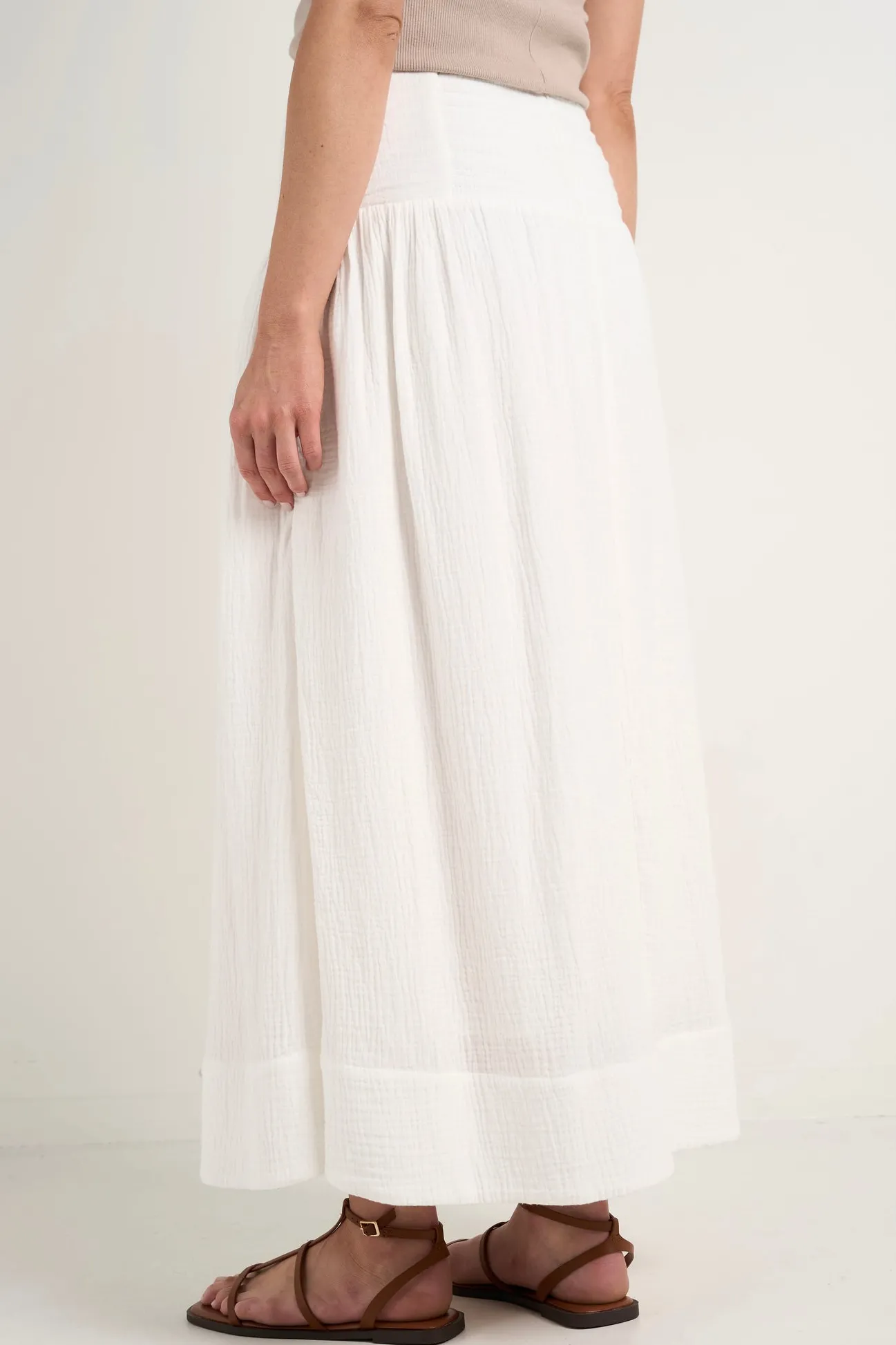 Among the Brave Unwind Ivory Shirred Back Tiered Maxi Skirt