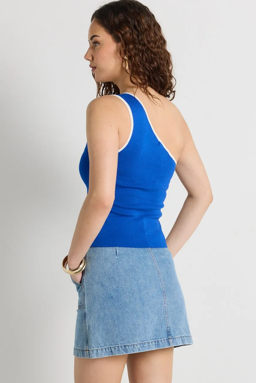 Stories be Told Urban Blue One Shoulder Knit Top