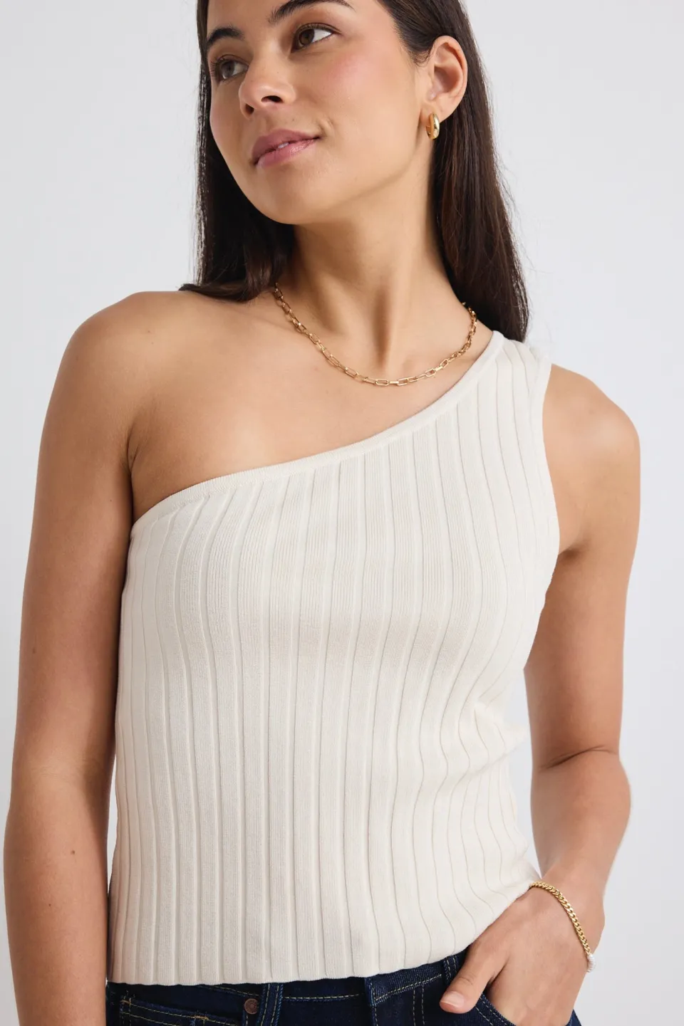Stories be Told Urban Cream One Shoulder Rib Knit Top