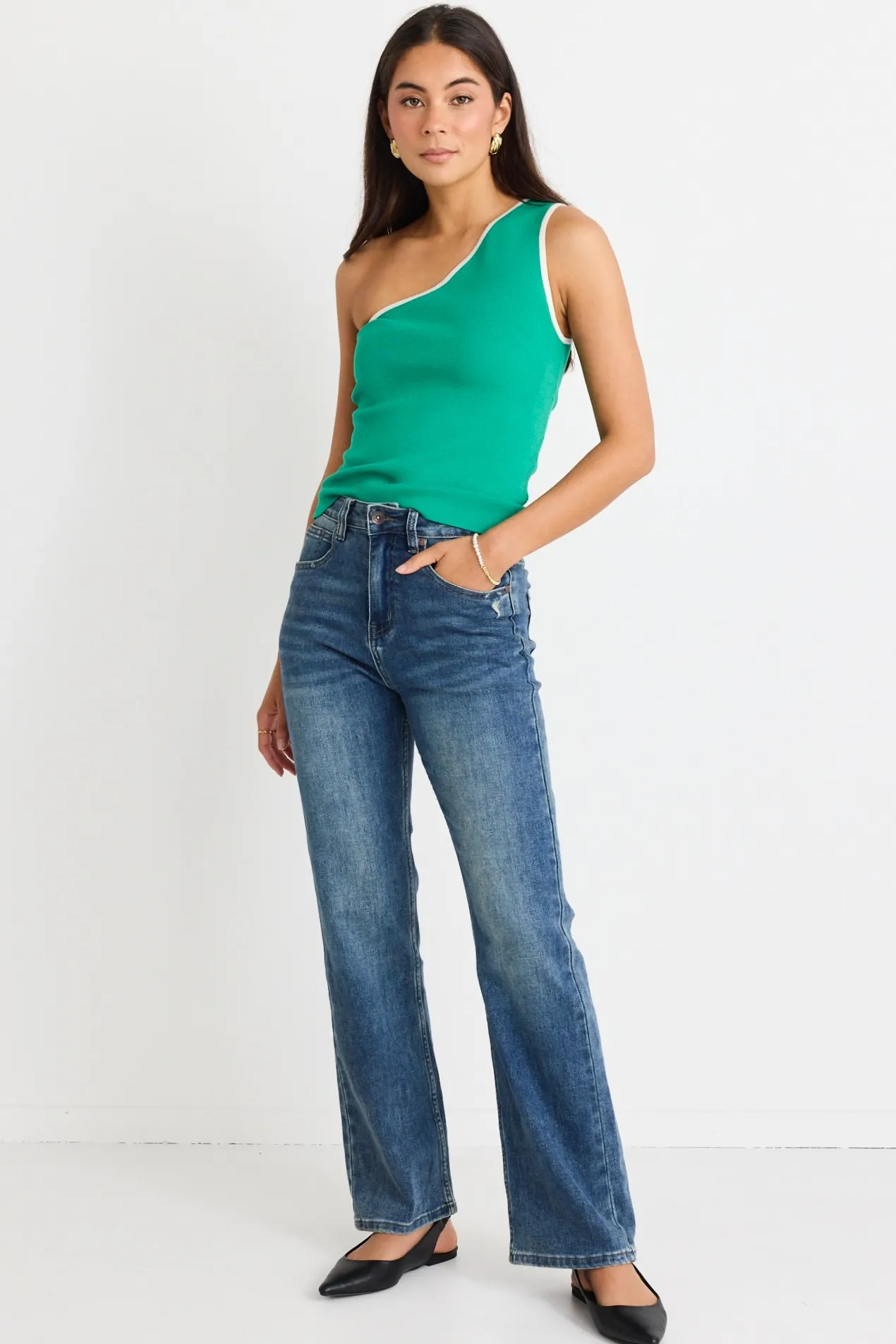 Stories be Told Urban Green One Shoulder Knit Top