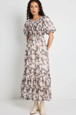 Among the Brave Vacancy Chocolate Floral Puff Sleeve Shirred Maxi Dress