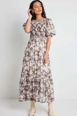 Among the Brave Vacancy Chocolate Floral Puff Sleeve Shirred Maxi Dress