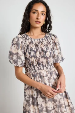 Among the Brave Vacancy Chocolate Floral Puff Sleeve Shirred Maxi Dress
