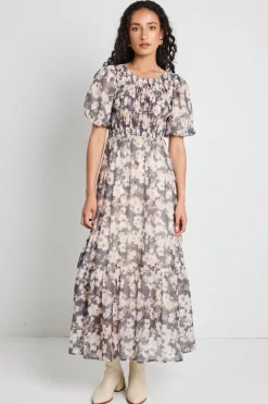 Among the Brave Vacancy Chocolate Floral Puff Sleeve Shirred Maxi Dress