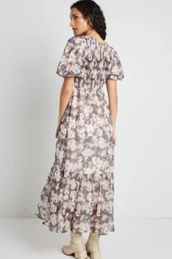 Among the Brave Vacancy Chocolate Floral Puff Sleeve Shirred Maxi Dress
