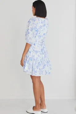 Ivy + Jack Venetia Blue Floral SS V Neck Tied Tiered Mini Dress