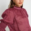 By Rosa. Verse Burgundy Sheer High Neck Short Sleeve Top