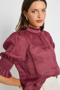 By Rosa. Verse Burgundy Sheer High Neck Short Sleeve Top