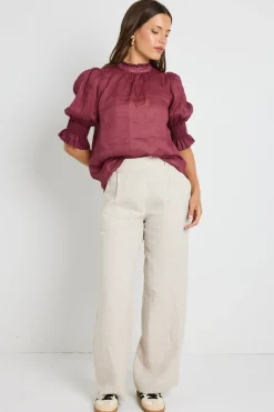 By Rosa. Verse Burgundy Sheer High Neck Short Sleeve Top