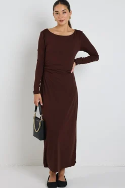 Stories be Told Vertigo Dark Chocolate Jersey LS Midi Dress