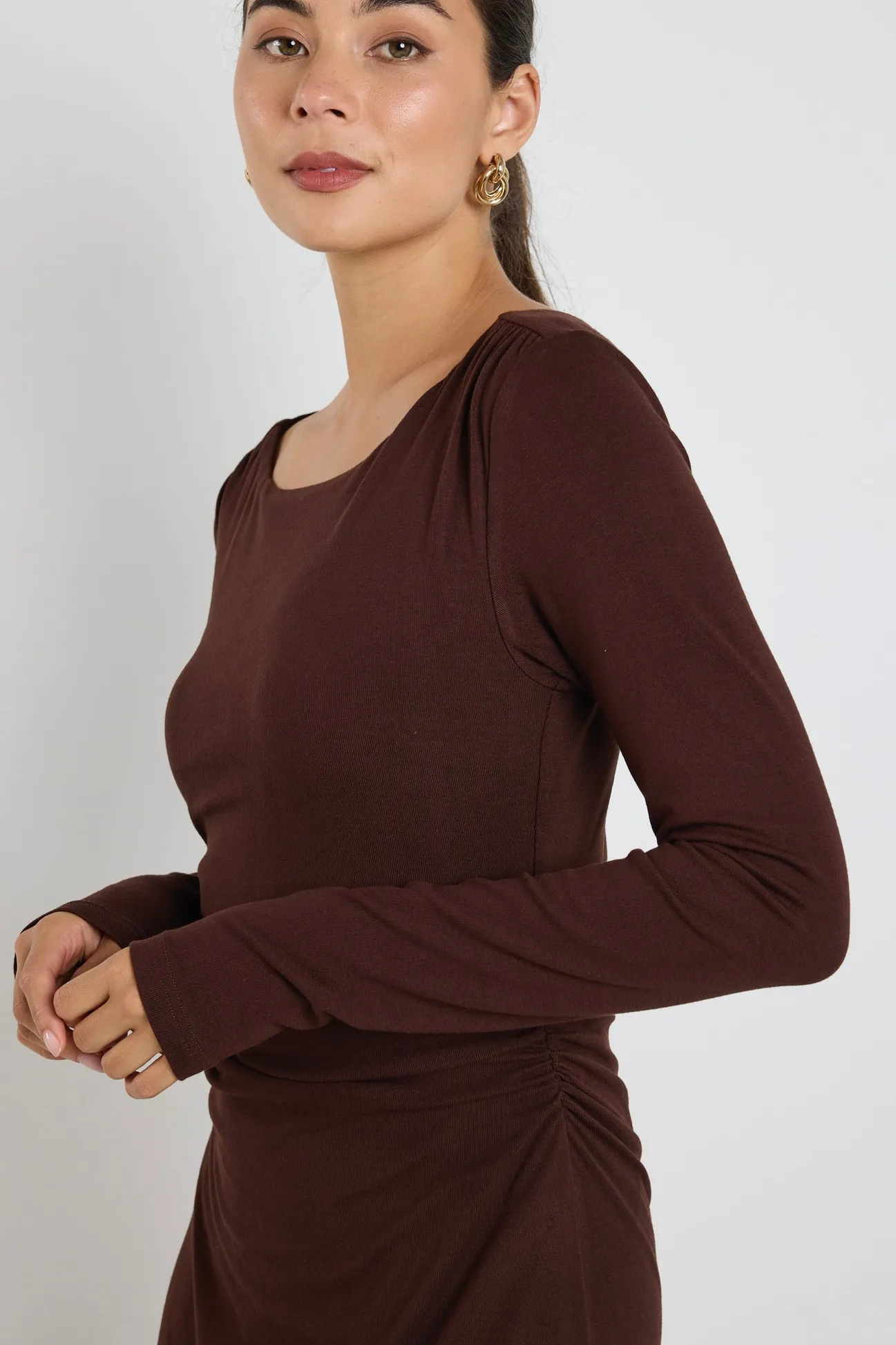 Stories be Told Vertigo Dark Chocolate Jersey LS Midi Dress