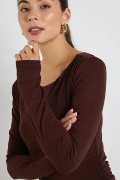 Stories be Told Vertigo Dark Chocolate Jersey LS Midi Dress