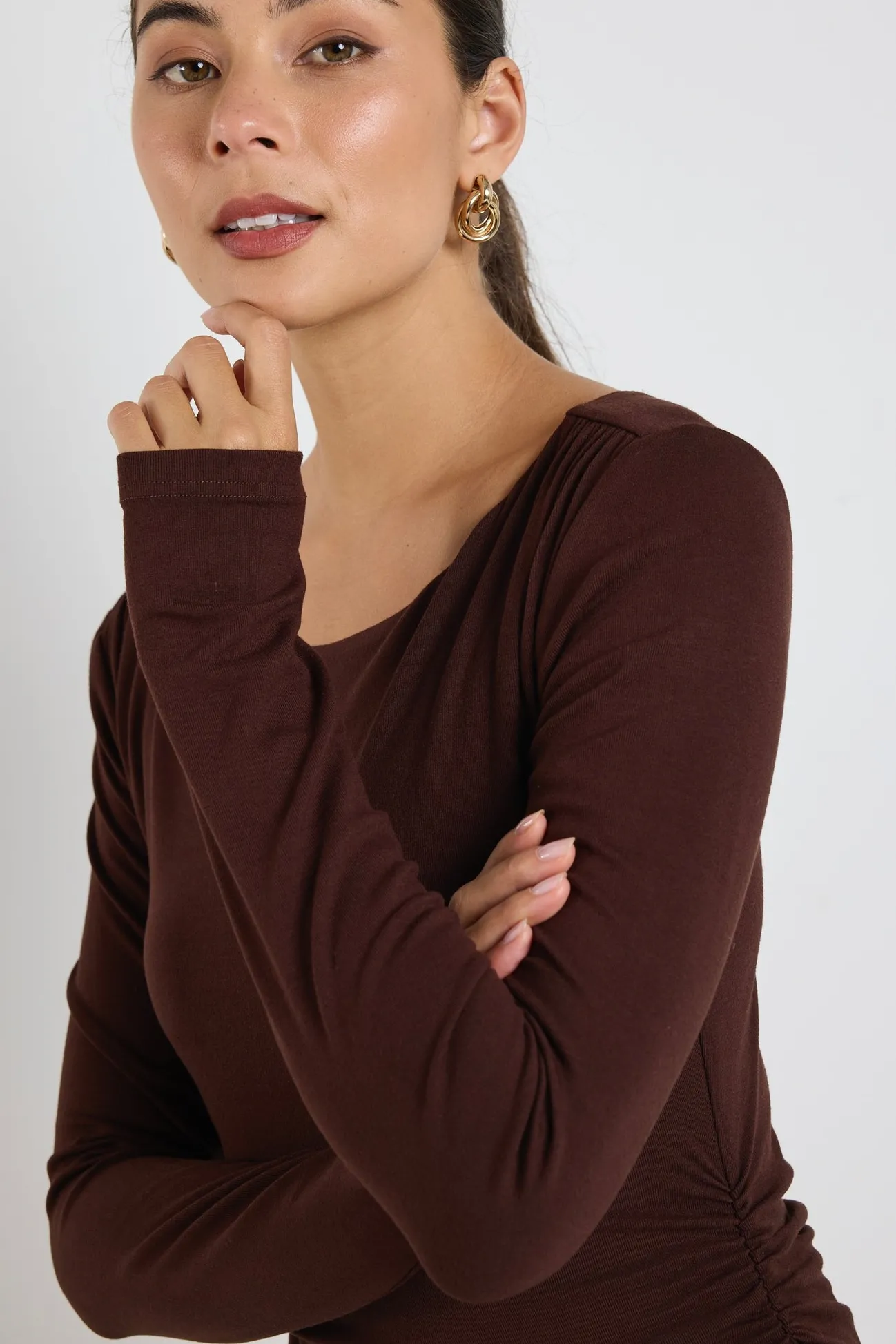 Stories be Told Vertigo Dark Chocolate Jersey LS Midi Dress