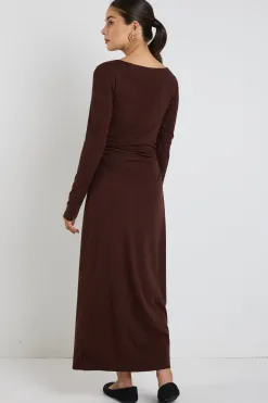 Stories be Told Vertigo Dark Chocolate Jersey LS Midi Dress