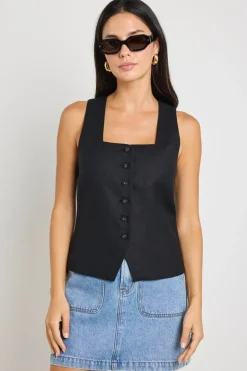 RE:UNION Label Viaduct Black Linen Viscose Sleeveless Vest Top
