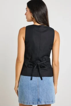 RE:UNION Label Viaduct Black Linen Viscose Sleeveless Vest Top