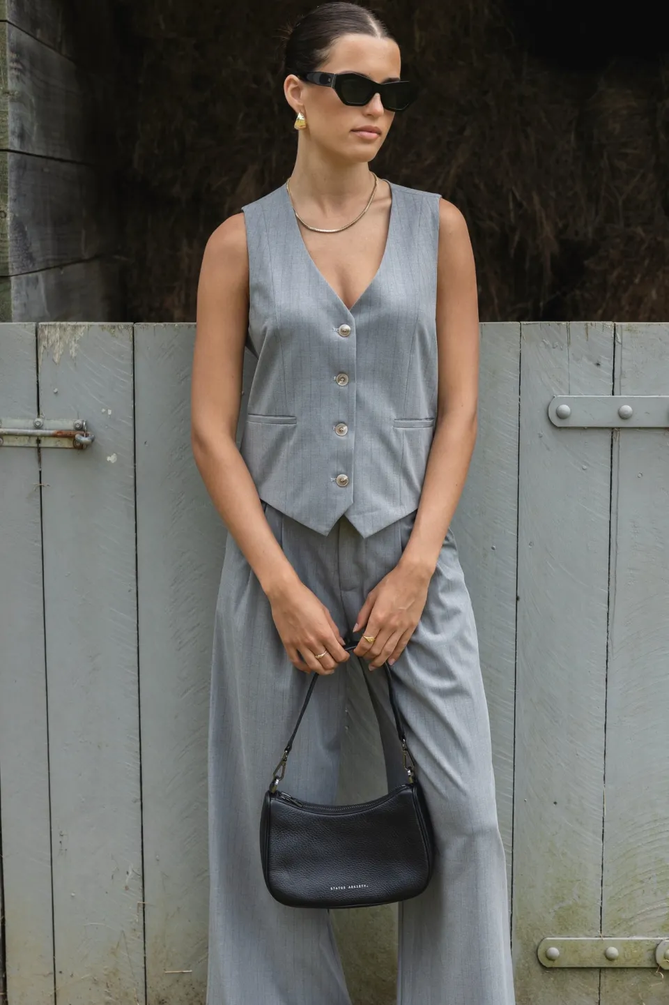 Stories be Told Vice Grey Pinstripe Pleat Front Manstyle Wide Leg Pant