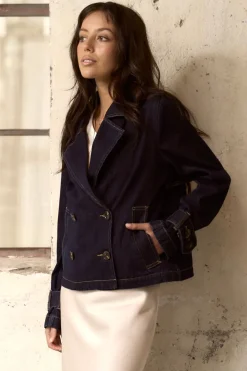 Among the Brave Western Indigo Cropped Denim Trench Coat