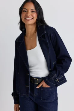Among the Brave Western Indigo Cropped Denim Trench Coat