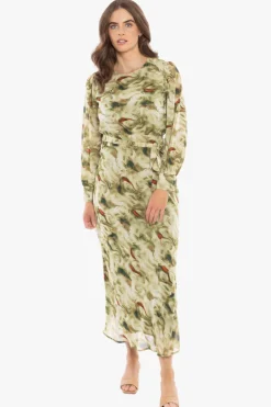 Leila + Luca Whimsical Khaki Smudge LS Midi Dress