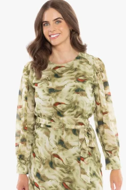 Leila + Luca Whimsical Khaki Smudge LS Midi Dress
