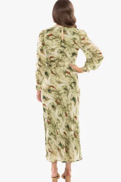Leila + Luca Whimsical Khaki Smudge LS Midi Dress