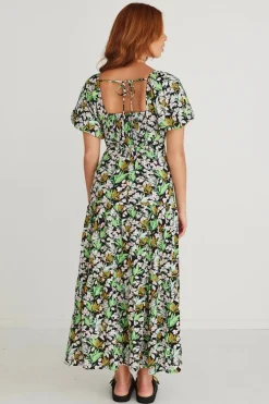 Among the Brave Whimsy Black Tropical Puff Sleeve Dress