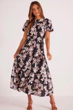 Mink Pink Willow Black Floral SS Midi Dress