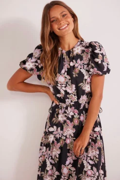 Mink Pink Willow Black Floral SS Midi Dress