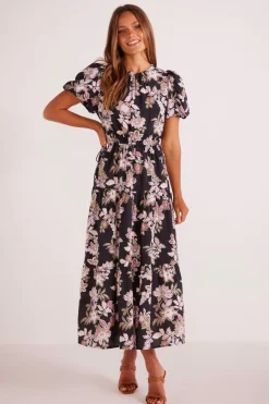 Mink Pink Willow Black Floral SS Midi Dress