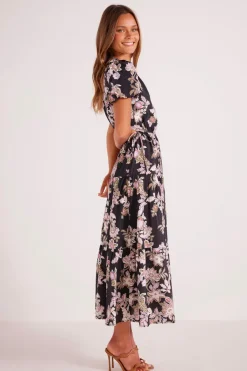 Mink Pink Willow Black Floral SS Midi Dress