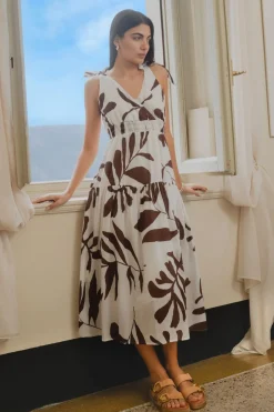 Ivy + Jack Wishful Chocolate Leaves Cotton Tie Strap Tiered Maxi Dress