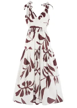 Ivy + Jack Wishful Chocolate Leaves Cotton Tie Strap Tiered Maxi Dress