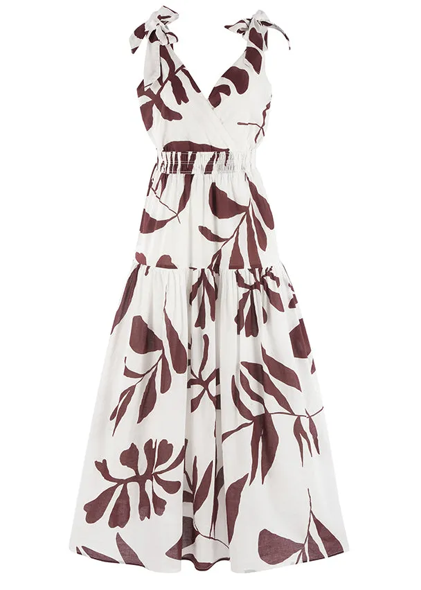 Ivy + Jack Wishful Chocolate Leaves Cotton Tie Strap Tiered Maxi Dress