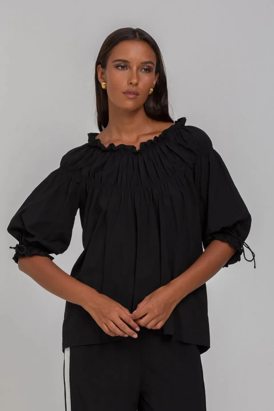 Blak With Hope Black Shirred Neck Mid Sleeve Top