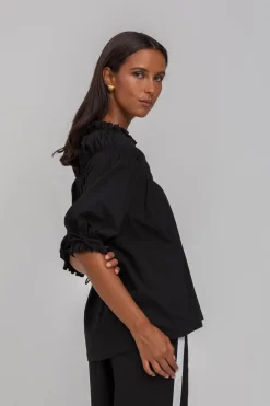 Blak With Hope Black Shirred Neck Mid Sleeve Top