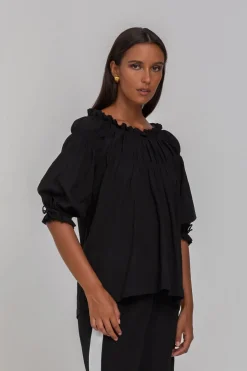 Blak With Hope Black Shirred Neck Mid Sleeve Top